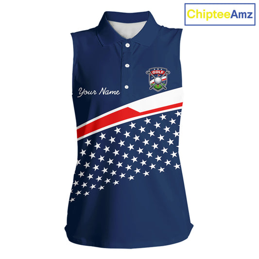 Blue Navy American Flag Womens Sleeveless Golf Polo Shirts Custom Patriotic Team Golf Shirts For Team Golf Gifts NHT693