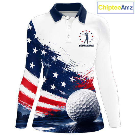 Women's Patriotic Golf Polo Shirt – USA Flag Golf Apparel, Red White Blue Performance Polo NHT1048