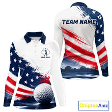 Load image into Gallery viewer, Women's Patriotic Golf Polo Shirt – USA Flag Golf Apparel, Red White Blue Performance Polo 