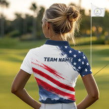 Load image into Gallery viewer, Women's Patriotic Golf Polo Shirt – USA Flag Golf Apparel, Red White Blue Performance Polo 