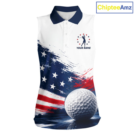 Women's Sleeveless Patriotic Golf Polo Shirt – USA Flag Golf Apparel, Red White Blue Performance Polo 