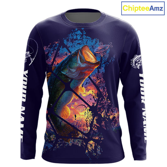 Largemouth Bass Artistic Long Sleeve Fishing Shirts Personalized Name NHT399