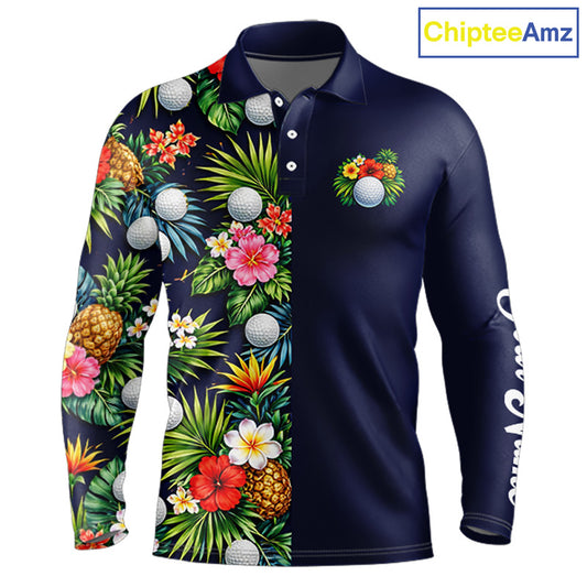 Mens Golf Polo Shirt Green Tropical Flower Leaves Custom Name Golf Polo Shirts, Golfing Gift NHT720