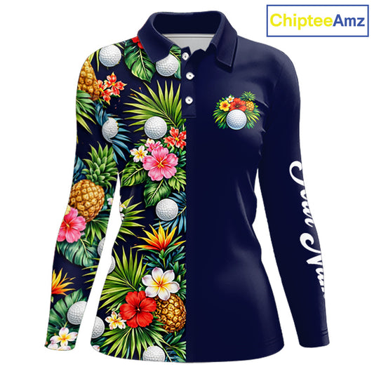 Womens Golf Polo Shirt Green Tropical Flower Leaves Custom Name Golf Polo Shirts, Golfing Gift NHT720