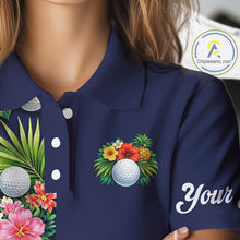 Load image into Gallery viewer, Womens Golf Polo Shirt Green Tropical Flower Leaves Custom Name Golf Polo Shirts, Golfing Gift NHT720