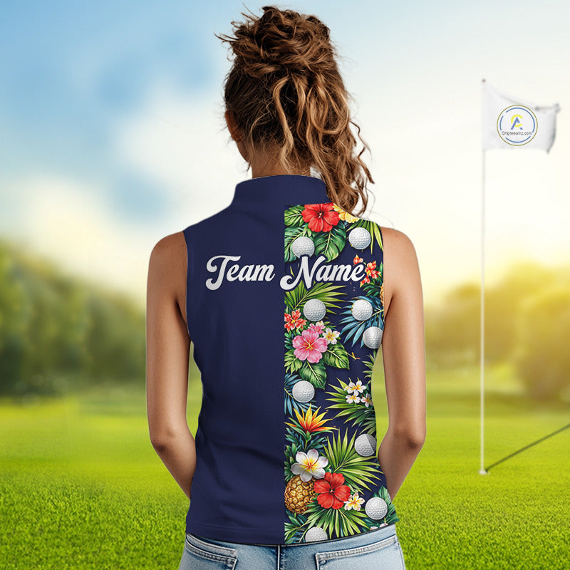 Womens Sleeveless Golf Polo Shirt Green Tropical Flower Leaves Custom Name Golf Polo Shirts, Golfing Gift NHT720