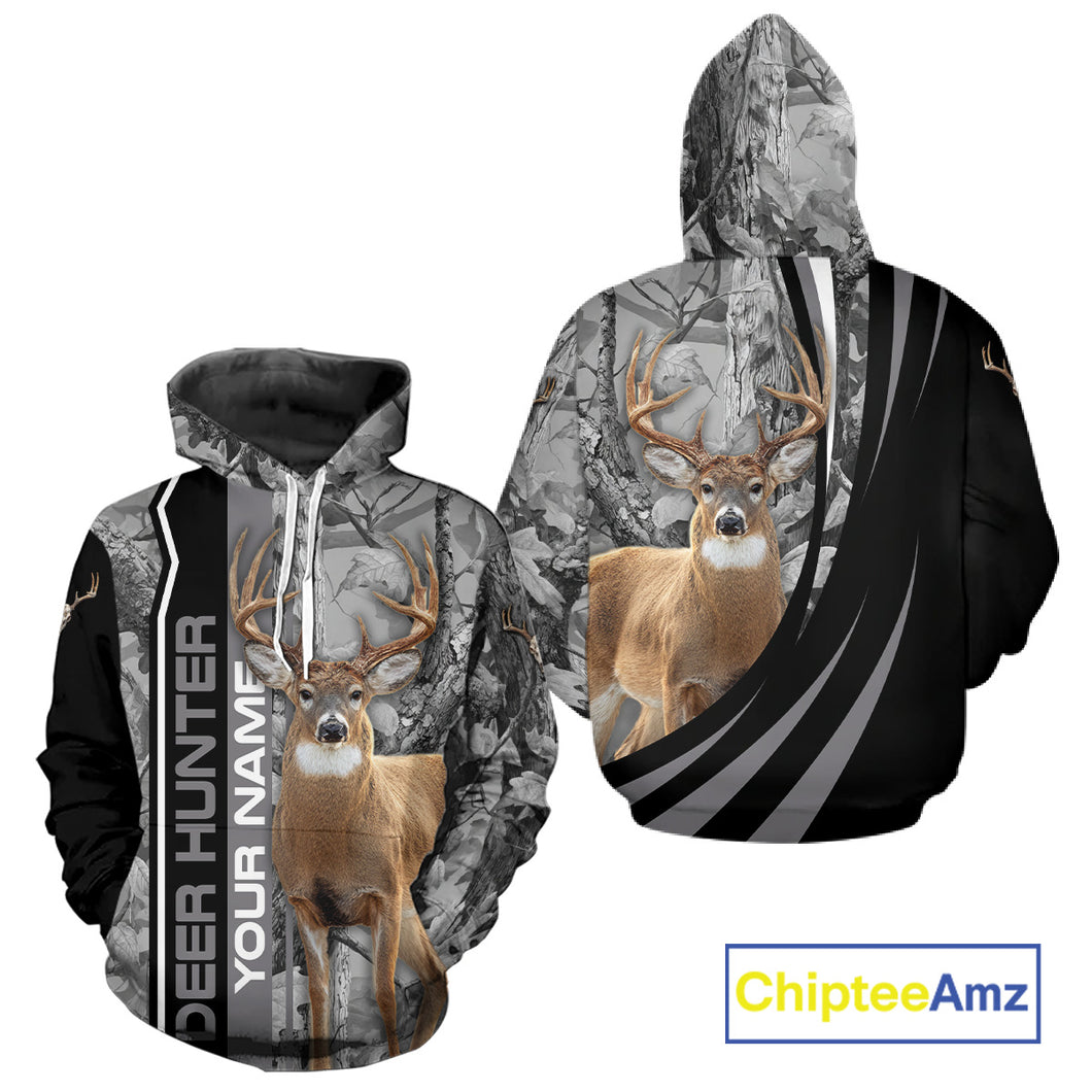 Deer Hunting Camo Custom Name 3D All Over Print Shirt Gray Black, Best Deer Hunting Shirt NHT210