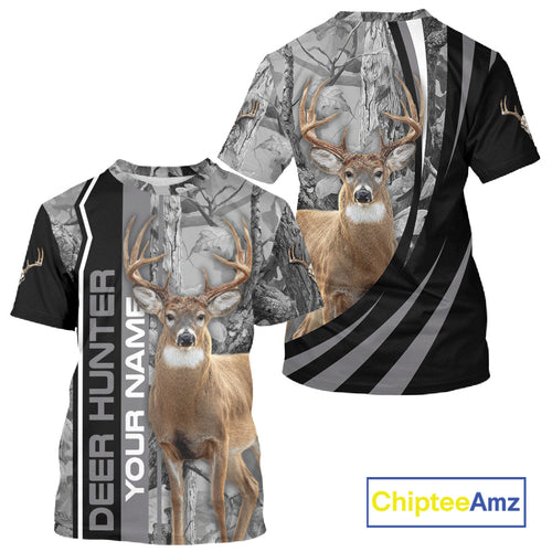 Deer Hunting Camo Custom Name 3D All Over Print Shirt Gray Black, Best Deer Hunting Shirt NHT210