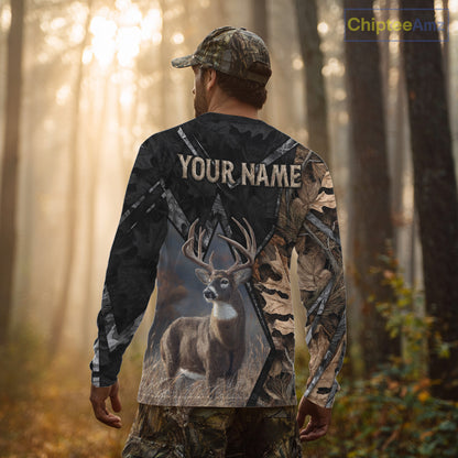 Deer Hunting 3D All Over Print Autumn Camo Black Shirt Custom Name Gifts For Hunter NHT216