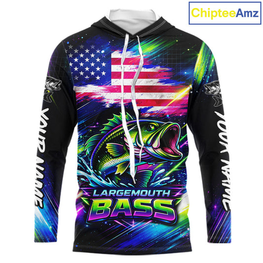 Personalized Bass Fishing Jerseys, Custom American Flag Fishing Shirts Long Sleeve Hooded For Men NHT458