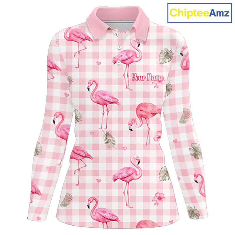 Personalized Flamingo Polo Shirt Pink Plaid Custom Name Team Shirt Womens Flamingo Golf Polo Gift NHT1216