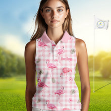 Load image into Gallery viewer, Personalized Flamingo Polo Shirt Pink Plaid Custom Name Team Shirt Womens Sleeveless Flamingo Golf Polo Gift NHT1216