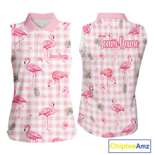 Load image into Gallery viewer, Personalized Flamingo Polo Shirt Pink Plaid Custom Name Team Shirt Womens Sleeveless Flamingo Golf Polo Gift NHT1216