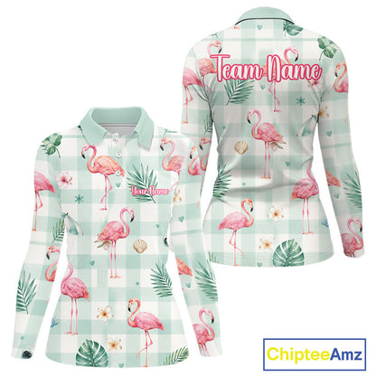 Personalized Flamingo Golf Polo Shirt, Mint Plaid Custom Name Team Shirt, Womens Golf Polo Gift NHT1217