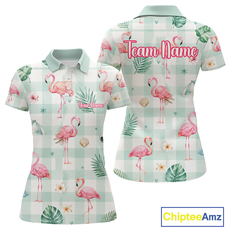 Personalized Flamingo Golf Polo Shirt, Mint Plaid Custom Name Team Shirt, Womens Golf Polo Gift NHT1217