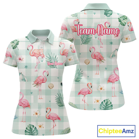A women's short-sleeve polo shirt shown from both front and back, featuring a mint green and white gingham pattern with pink flamingos, green palm leaves, small flowers, and customizable text reading 'Team Name' and 'Your Name'.