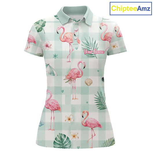 A women's short-sleeve polo shirt with a pink flamingo and tropical leaf print over a mint green and white gingham check pattern. The shirt features a custom name placeholder on the chest and is displayed on a clean white background with a 'ChipteeAmz' logo in the top right corner