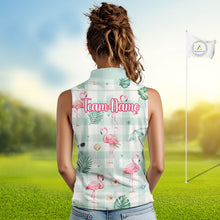 Load image into Gallery viewer, Personalized Flamingo Golf Polo Shirt, Mint Plaid Custom Name Team Shirt, Womens Sleeveless Golf Polo Gift NHT1217