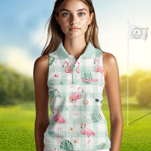 Load image into Gallery viewer, Personalized Flamingo Golf Polo Shirt, Mint Plaid Custom Name Team Shirt, Womens Sleeveless Golf Polo Gift NHT1217