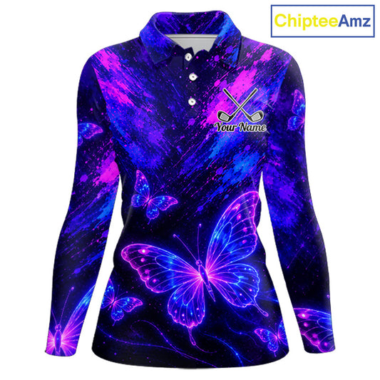 Neon Butterfly Womens Golf Polo Shirt Personalized Team Name Custom Purple Blue Golf Apparel Gift NHT901