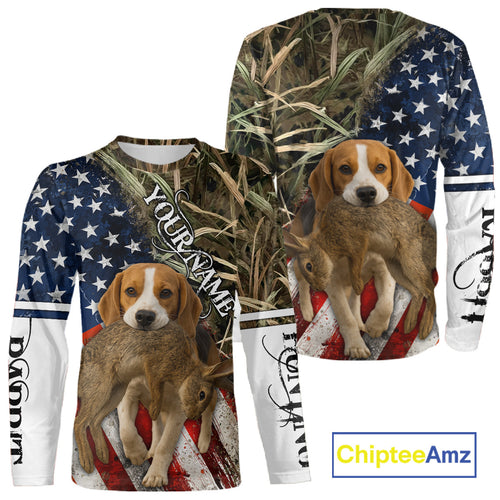 Rabbit Hunting With Beagle 3D US Flag Camo Custom Hunting Shirt, Rabbit Hunting Clothing NHT141