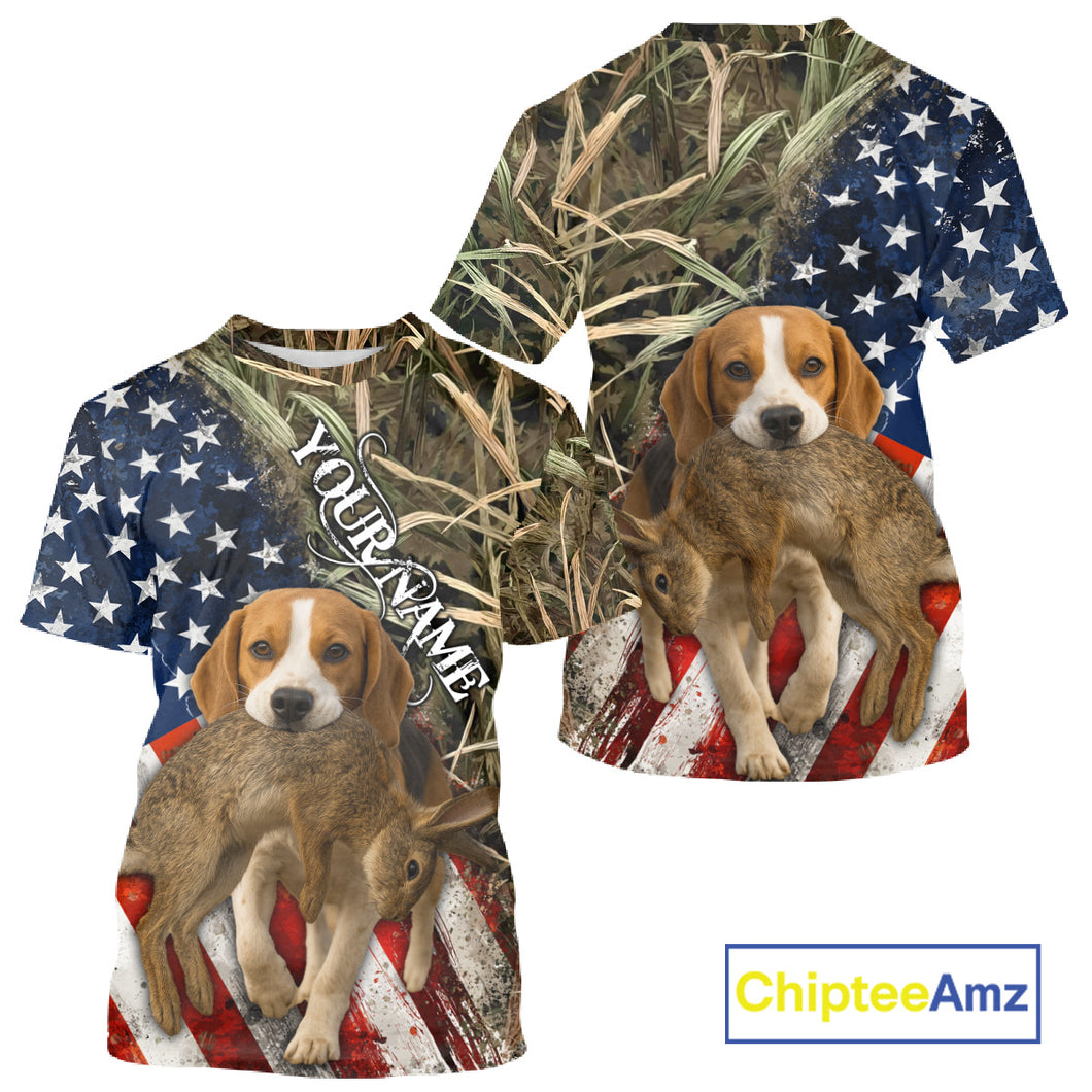 Rabbit Hunting With Beagle 3D US Flag Camo Custom Hunting Shirt, Rabbit Hunting Clothing NHT141