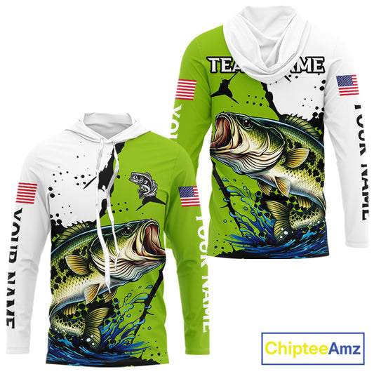 Green Camo Largemouth Bass Hooded Fishing Shirts Long Sleeve, Custom Big Bass Fishing Jerseys NHT481