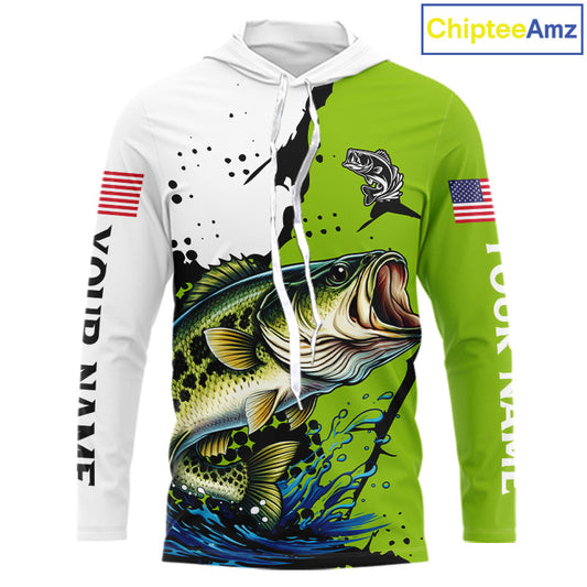 Green Camo Largemouth Bass Hooded Fishing Shirts Long Sleeve, Custom Big Bass Fishing Jerseys NHT481