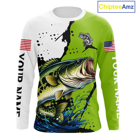 Green Camo Largemouth Bass Fishing Shirts Long Sleeve, Custom Big Bass Fishing Jerseys NHT481