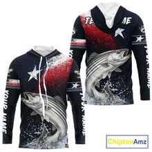 Load image into Gallery viewer, Custom Vintage Striped Bass Long Sleeve Hooded Patriotic Fishing Shirt For Men, Bass Texas Flag Fishing Shirt NHT768
