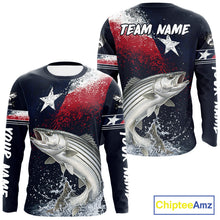 Load image into Gallery viewer, Custom Vintage Striped Bass Long Sleeve Patriotic Fishing Shirt For Men, Bass Texas Flag Fishing Shirt NHT768