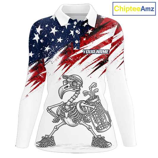 Patriotic Golf Polo Shirt – USA Flag Skull Flamingo Golfer Funny Golf Outfit For Womens NHT780