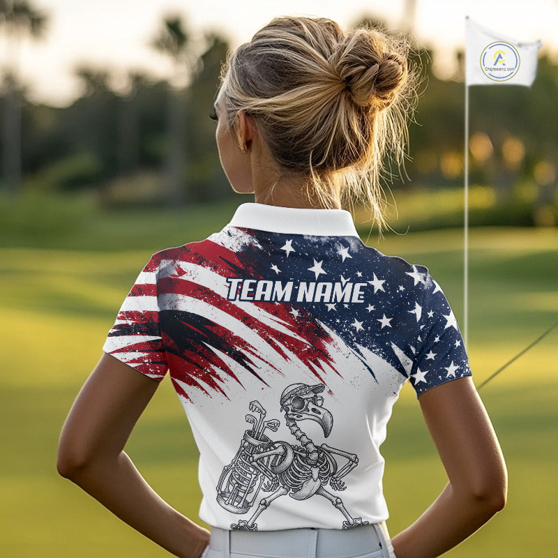 Patriotic Golf Polo Shirt – USA Flag Skull Flamingo Golfer Funny Golf Outfit For Womens NHT780