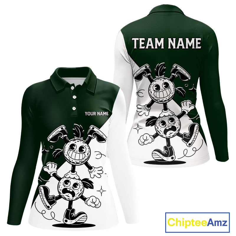 Green White Funny Golf Ball Pattern Womens Golf Polo Shirts Custom Golf Outfits Ladies, Green Golf Tops NHT785