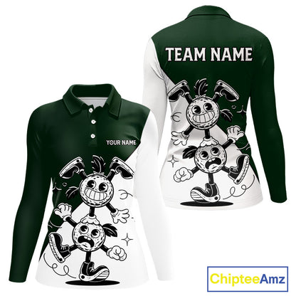 Green White Funny Golf Ball Pattern Womens Golf Polo Shirts Custom Golf Outfits Ladies, Green Golf Tops NHT785