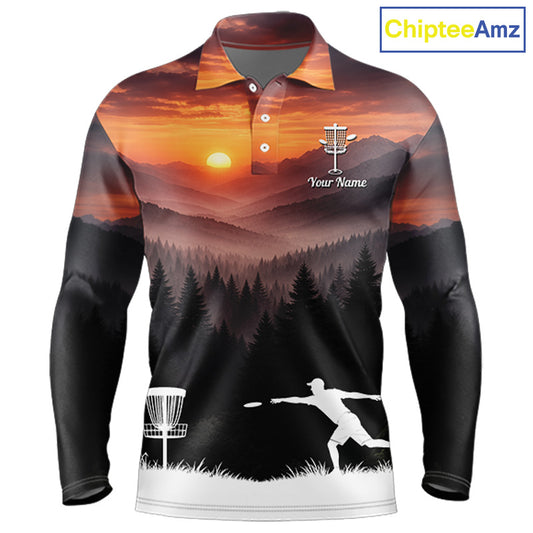 Mens Disc Golf Shirts Custom Mountain Sunset Polo, Lightweight Performance Wear Team Disc Golf Apparel NHT802