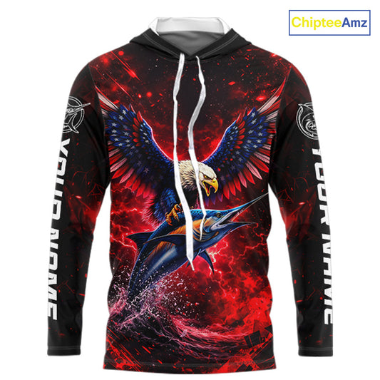 Patriotic Eagle Marlin Fishing Shirt Long Sleeve Hooded, Performance Fishing Shirt NHT428