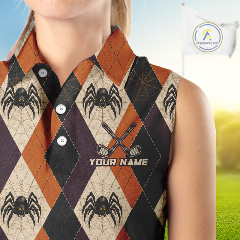 A sleeveless collared golf shirt with a Halloween-themed argyle pattern featuring spiders on cobwebs in orange, black, beige, and purple. The shirt has a custom print area with crossed golf clubs and the text 'YOUR NAME'.