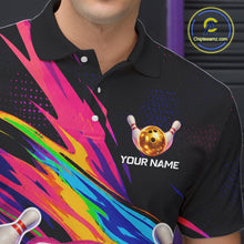 Load image into Gallery viewer, Colorful polo shirt with bowling design and 'Your Name' text, brand logo visible