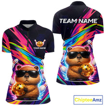 Load image into Gallery viewer, Colorful polo shirt with bear design and customizable text on a white background