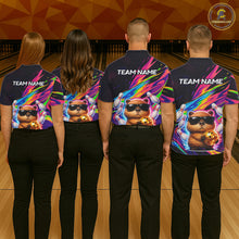 Load image into Gallery viewer, Funny Capybara Bowling Team Polo Shirt, 1/4 Zip For Women Custom Name Neon Color Bowling Jersey NHT1157