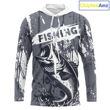 Hooded Bass Fishing Gray Camo Custom Name, Personalized Bass Fishing Jerseys For Men NHT493