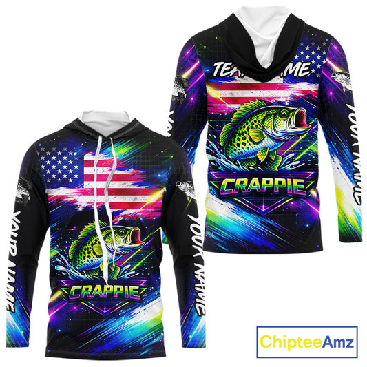 Personalized Crappie Fishing Jerseys, Custom American Flag Fishing Shirts Long Sleeve Hooded For Men NHT638