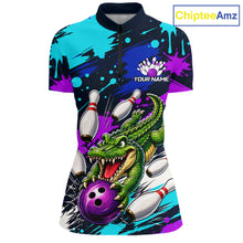 Load image into Gallery viewer, Colorful shirt with a crocodile holding a bowling ball and pins design, branded 'ChipteeAmz'.