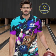Load image into Gallery viewer, Man wearing a colorful bowling-themed shirt with an otter character in a bowling alley.