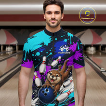 Load image into Gallery viewer, Man wearing a colorful bowling-themed shirt with an otter graphic in a bowling alley.