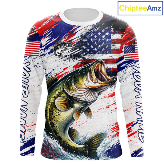 Patriotic Bass Fishing Tournament Shirts, Personalized American Flag Bass Fishing Jerseys NHT497