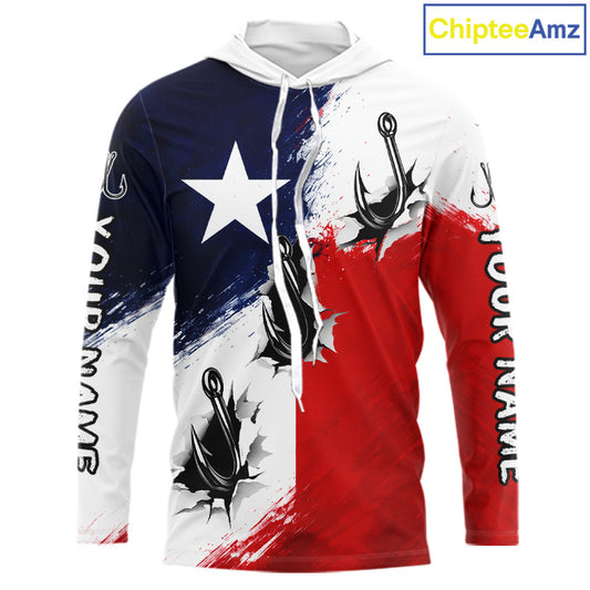 Texas Fishing Fish Hooks Patriotic Fishing Shirt Long Sleeve Hooded, Custom Name Fishing Jerseys NHT664