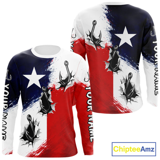 Texas Fishing Fish Hooks Patriotic Fishing Shirt Long Sleeve, Custom Name Fishing Jerseys NHT664