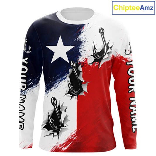 Texas Fishing Fish Hooks Patriotic Fishing Shirt Long Sleeve, Custom Name Fishing Jerseys NHT664